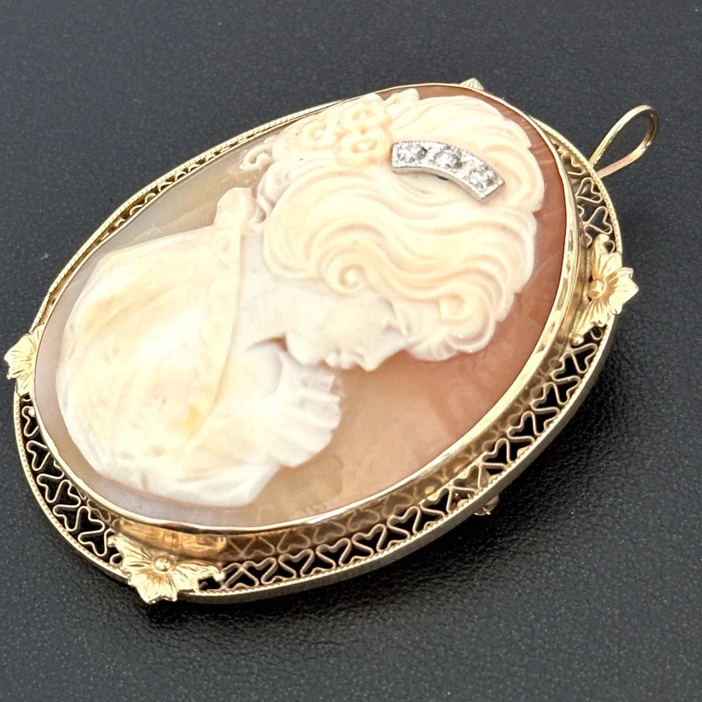 Vintage 14K Yellow Gold Large Hand Carved Shell Cameo Diamond Brooch Pin Pendant